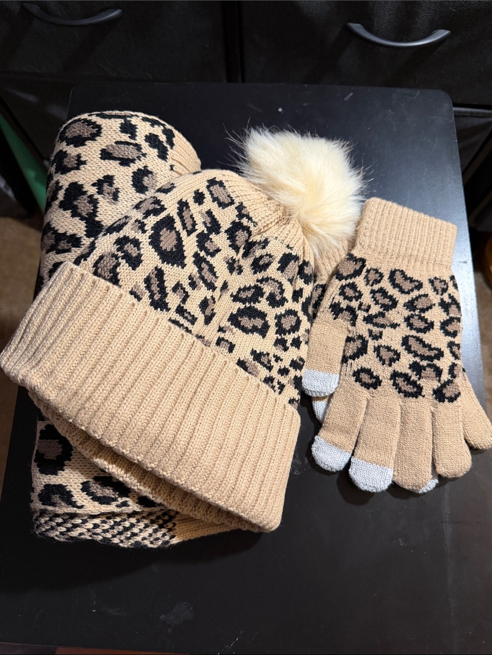 Leopard Print Beanie & Glove Set with Faux Fur Pom